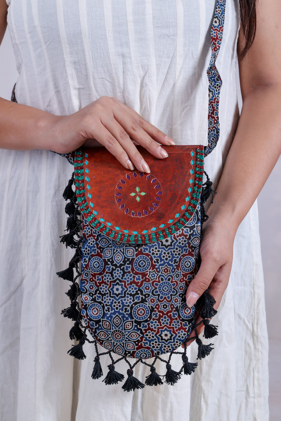 Ajarakh Leather Tassels Sling Bag