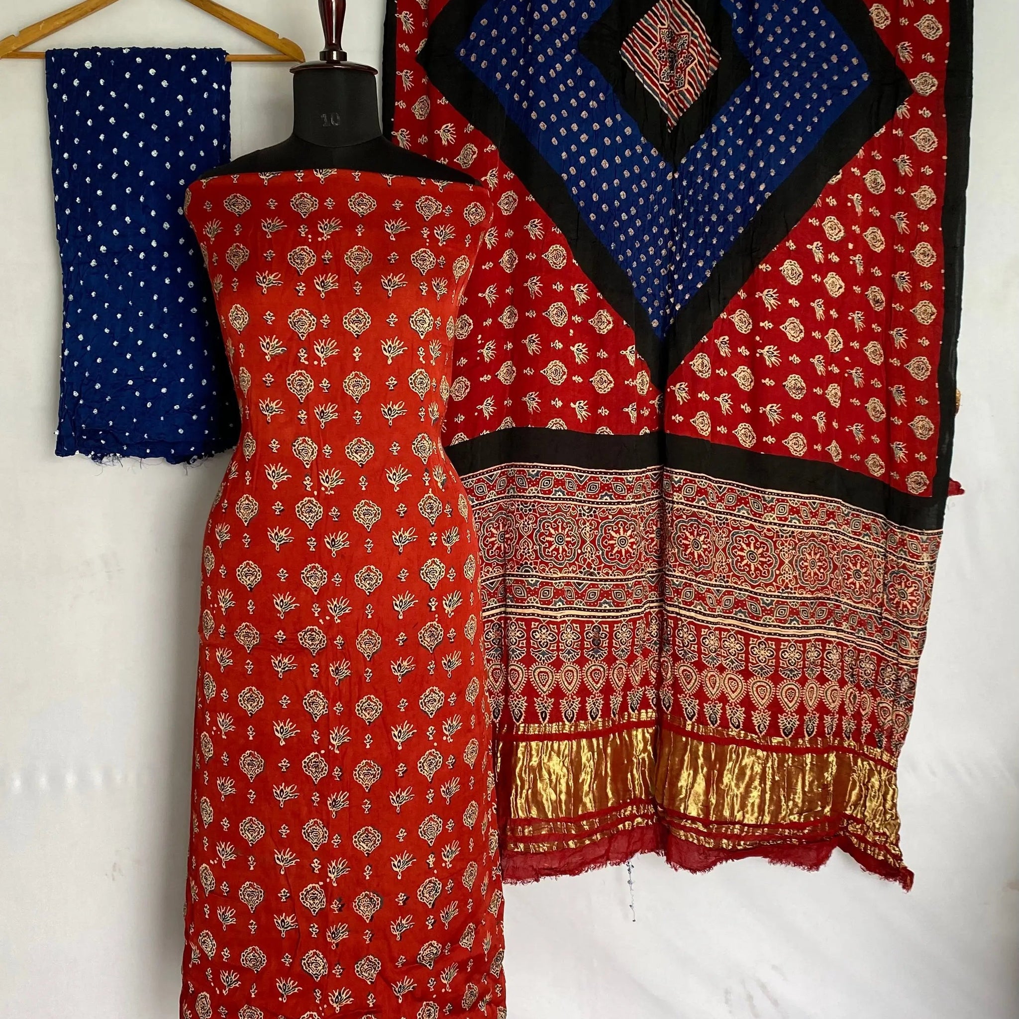 Maroon & Royal Blue Ajarakh Bandhani Modal Silk Suit Material RAKHIYO