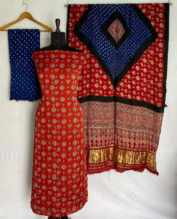 Maroon & Royal Blue Ajarakh Bandhani Modal Silk Suit Material RAKHIYO