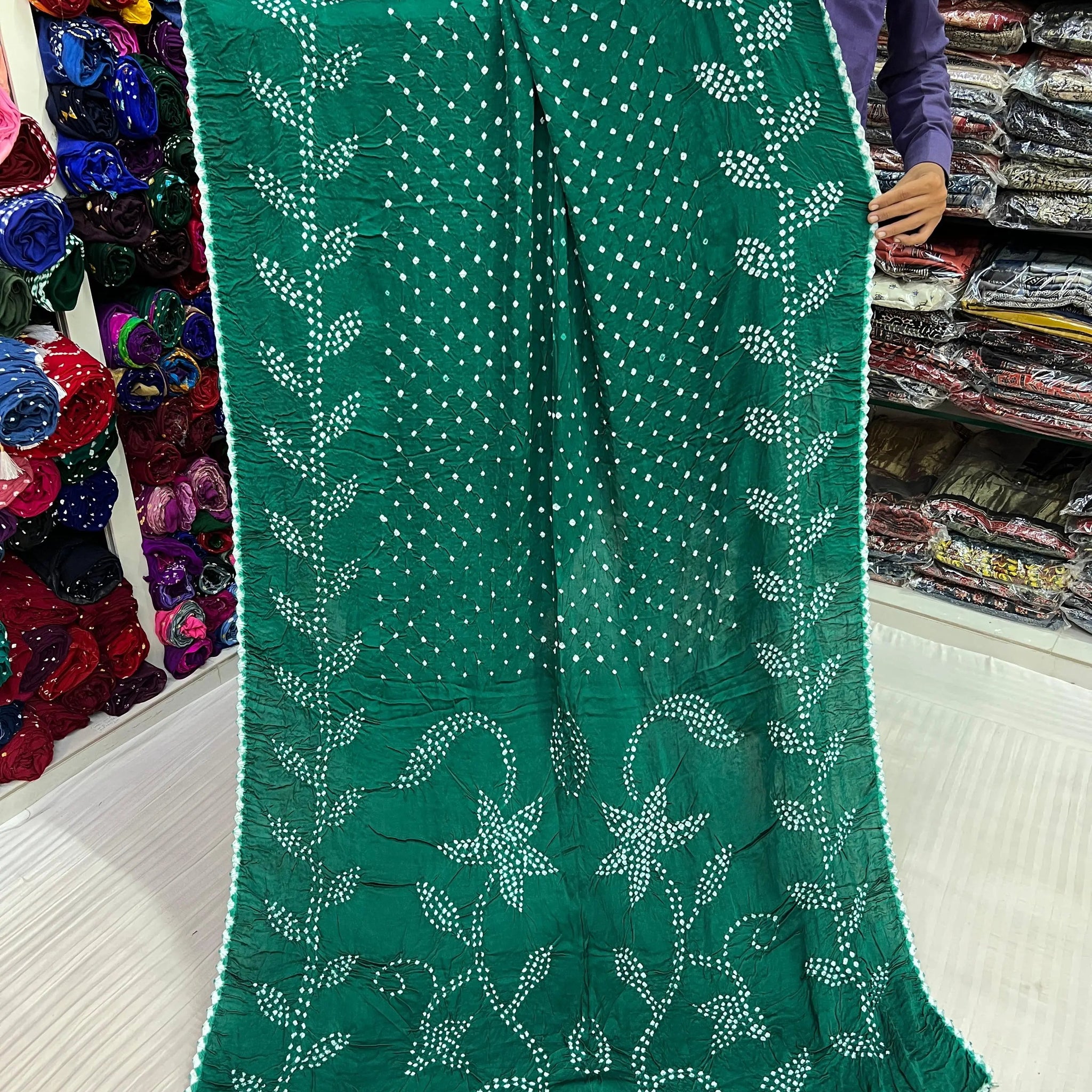 Bottle Green Leaf Design Rai Bandhej Modal Saree RAKHIYO