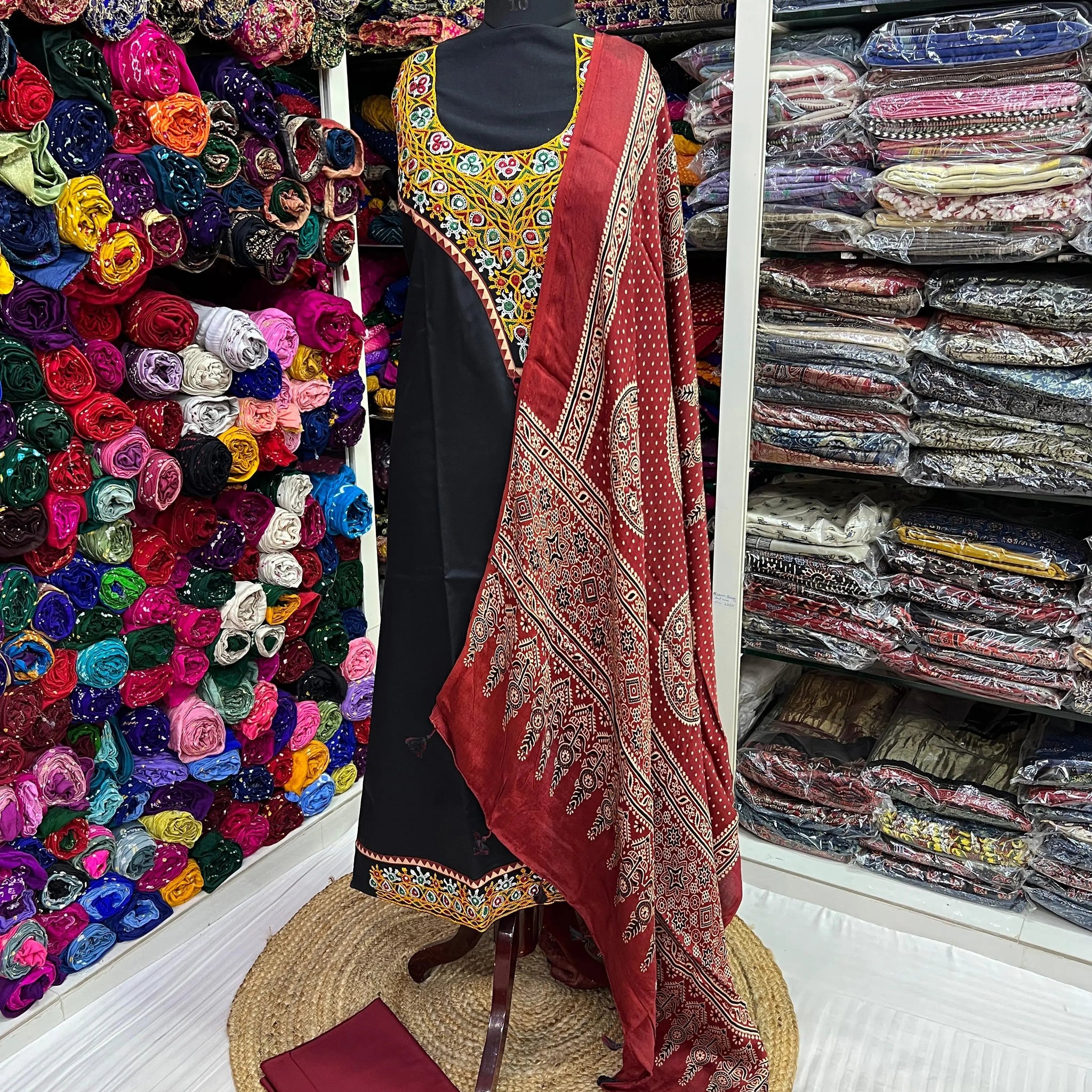 Black Kutchhi Handwork Ajarakh Suit Material RAKHIYO