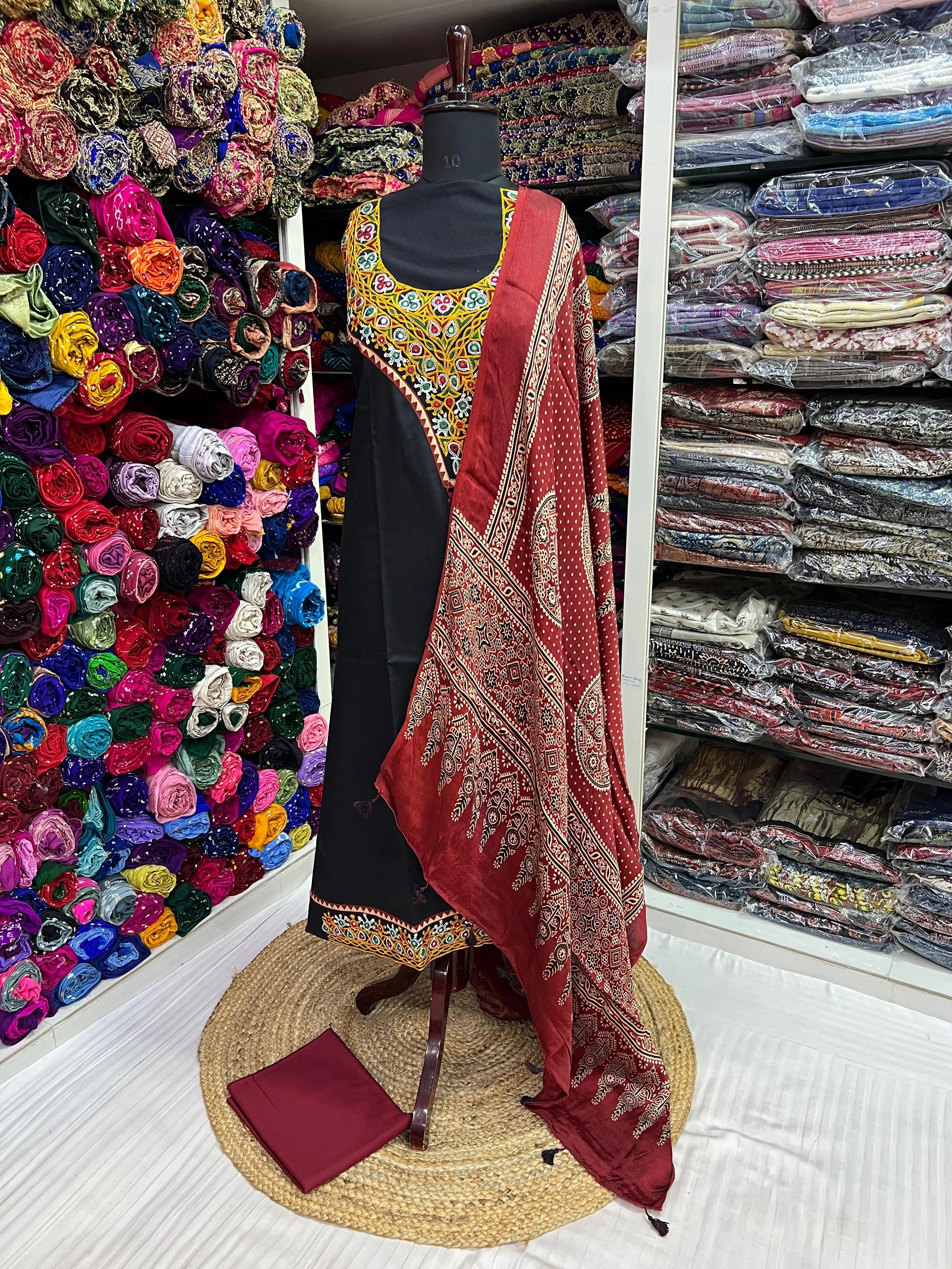 Black Kutchhi Handwork Ajarakh Suit Material RAKHIYO