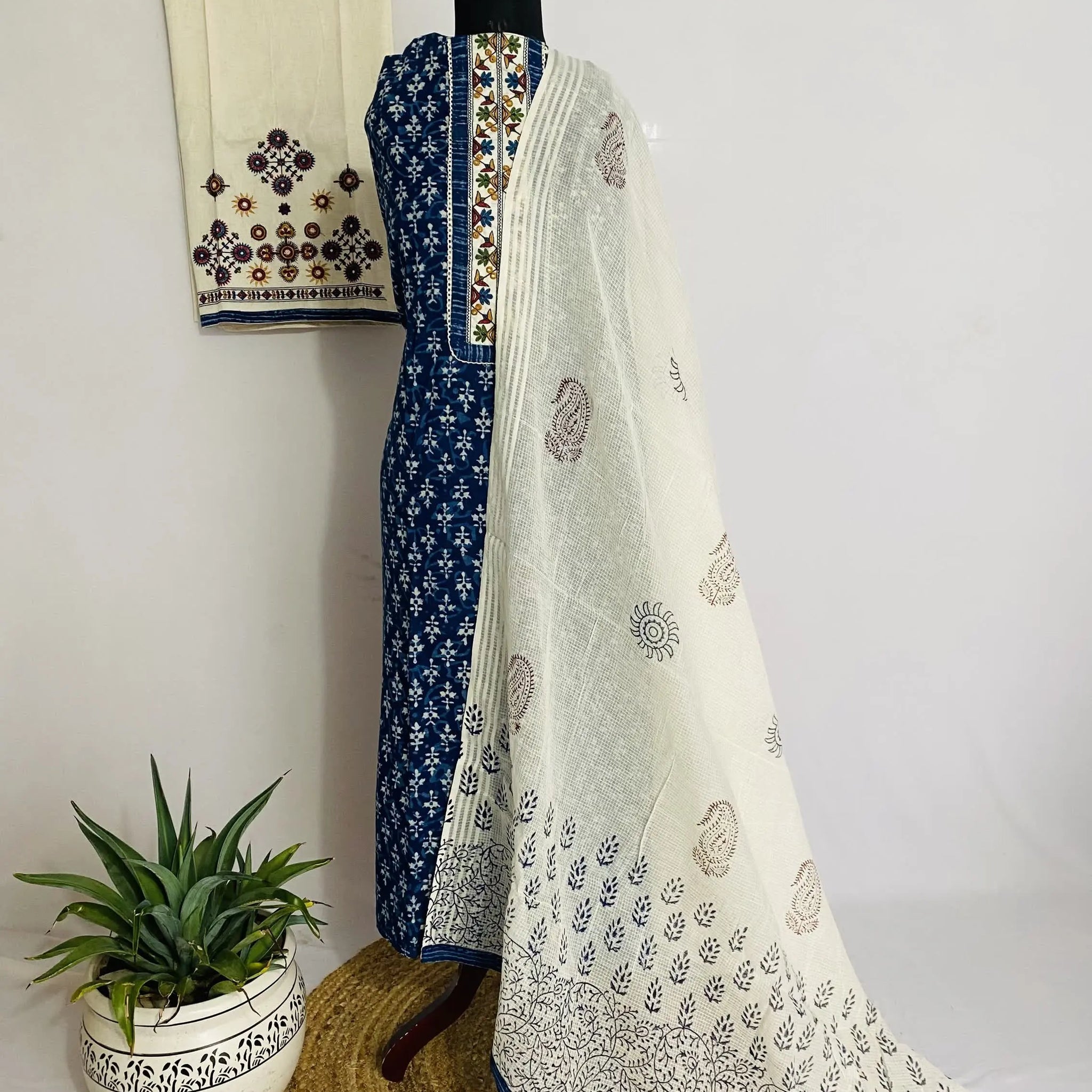 Indigo Embroidered Cotton Blockprint Suit Material RAKHIYO