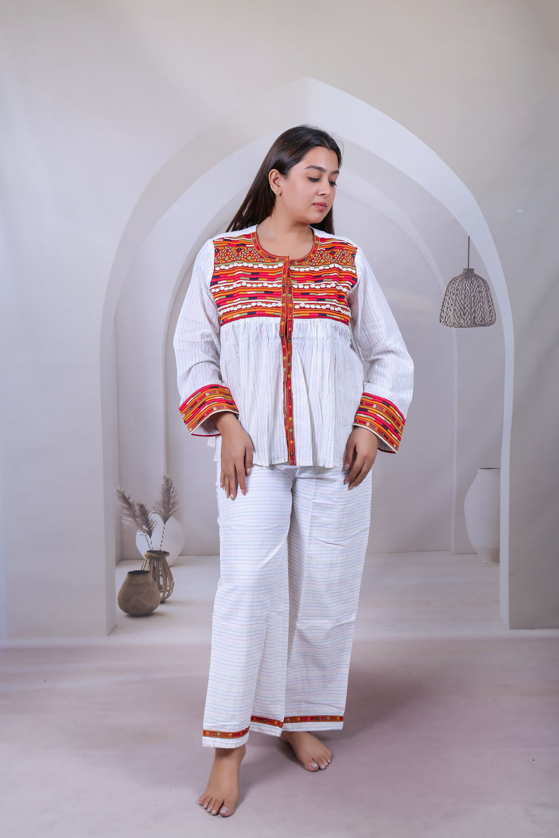 White Kantha Embroidered Jacket With Pant