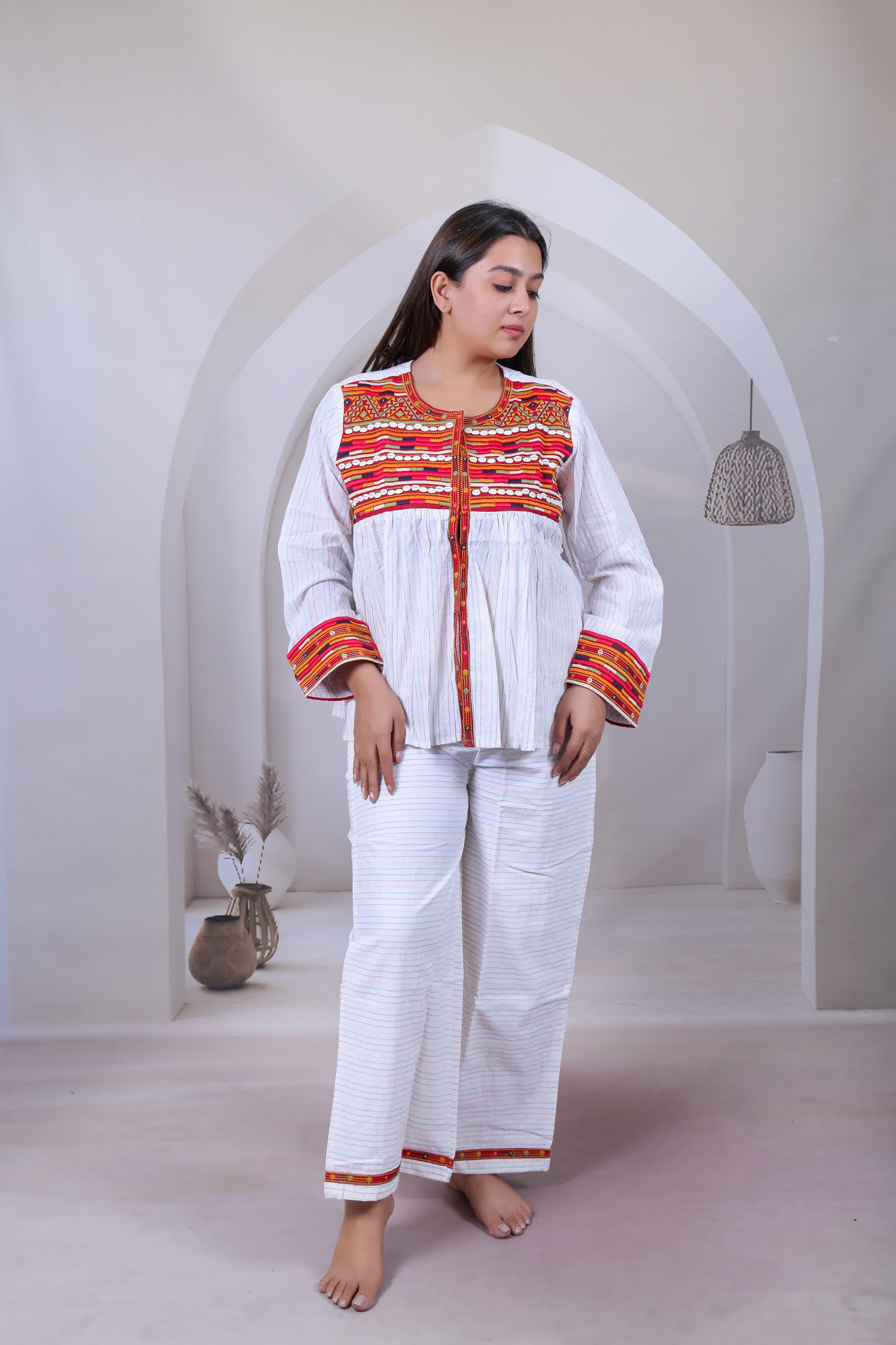 White Kantha Embroidered Jacket With Pant