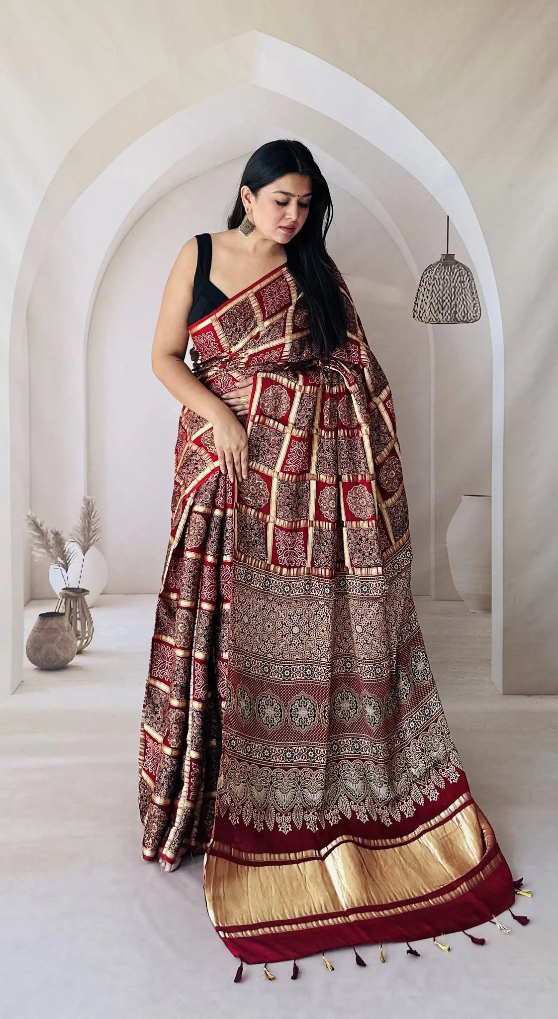 Maroon Ajarakh Garchola Modal Silk Saree RAKHIYO
