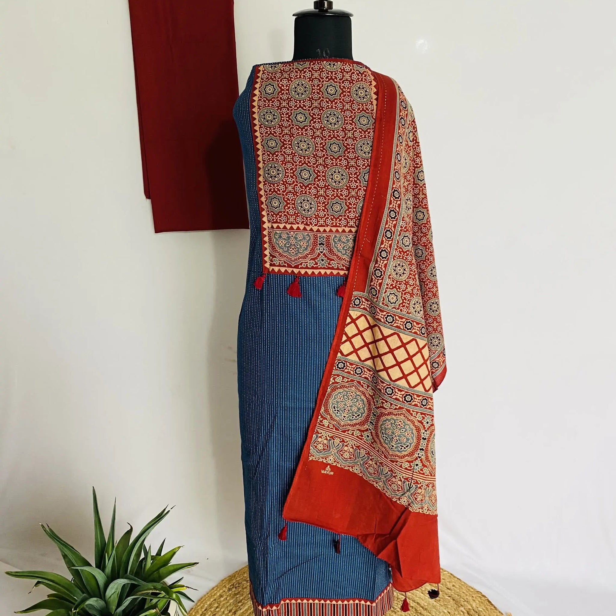 Blue Kantha Cotton Ajarakh Suit Material RAKHIYO