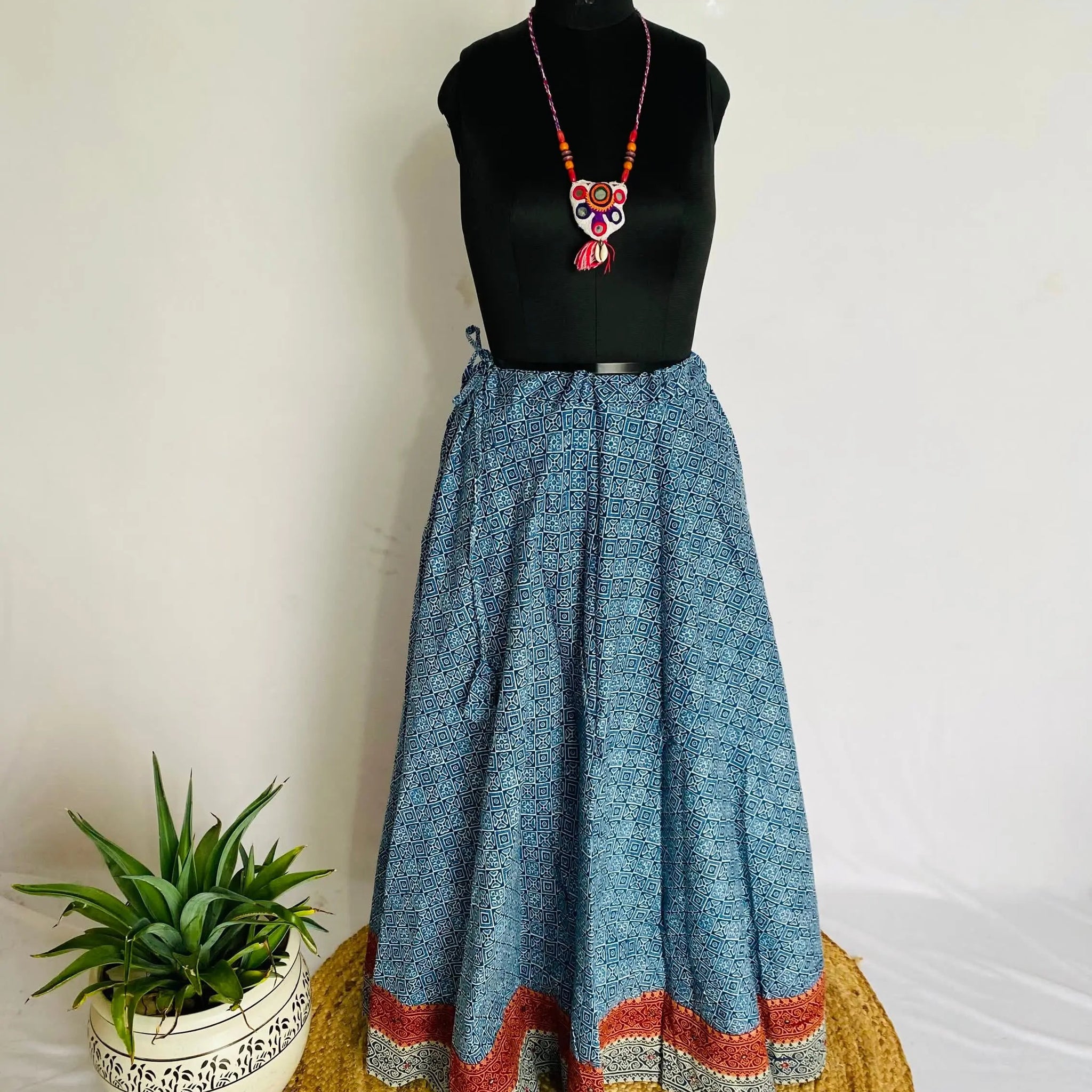 Indigo Blockprint Mirror Cotton Skirt RAKHIYO