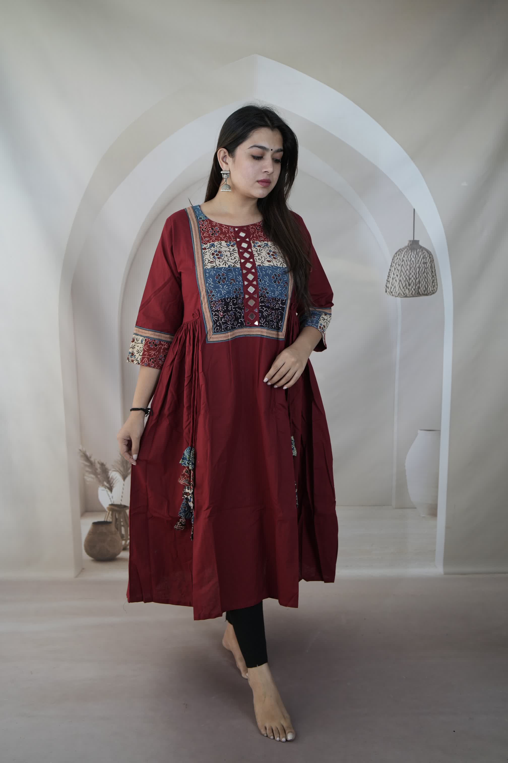 Gauri Maroon Ajarakh Patchwork Mirror Cotton Plain One Piece Kurti