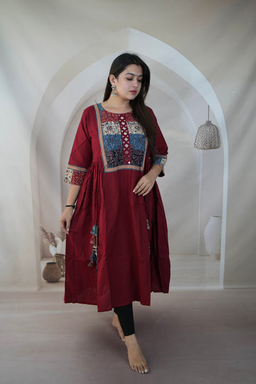 Gauri Maroon Ajarakh Patchwork Mirror Cotton Plain One Piece Kurti