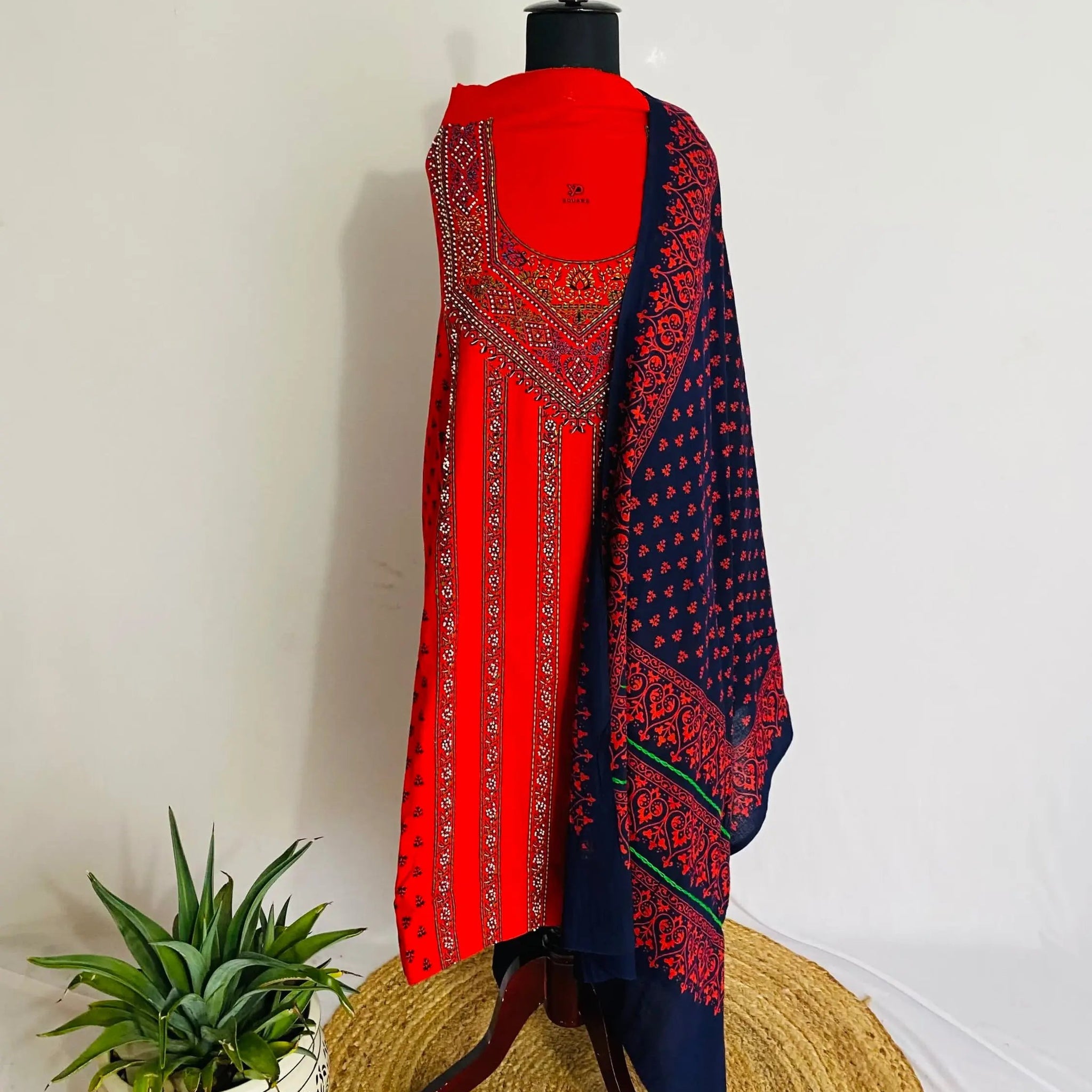 Orange Bead Work Blockprint Cotton Suit Material RAKHIYO