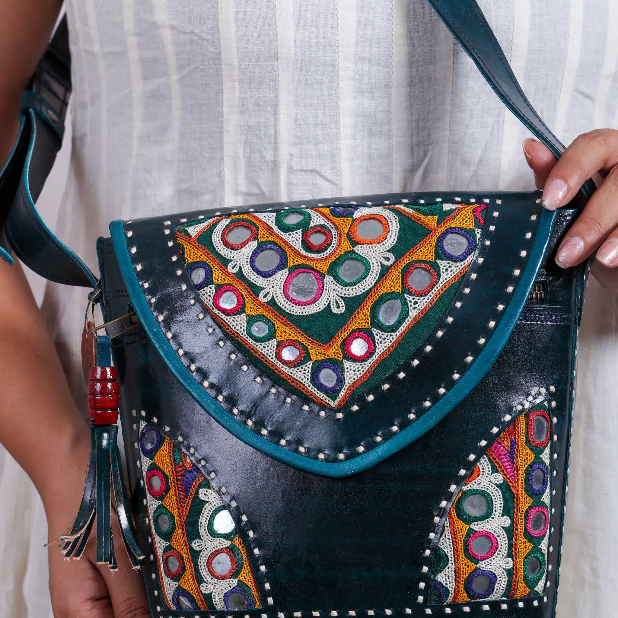 Sea Green Tri-Handwork Kutchhi Punching Bucket - The Sling RAKHIYO