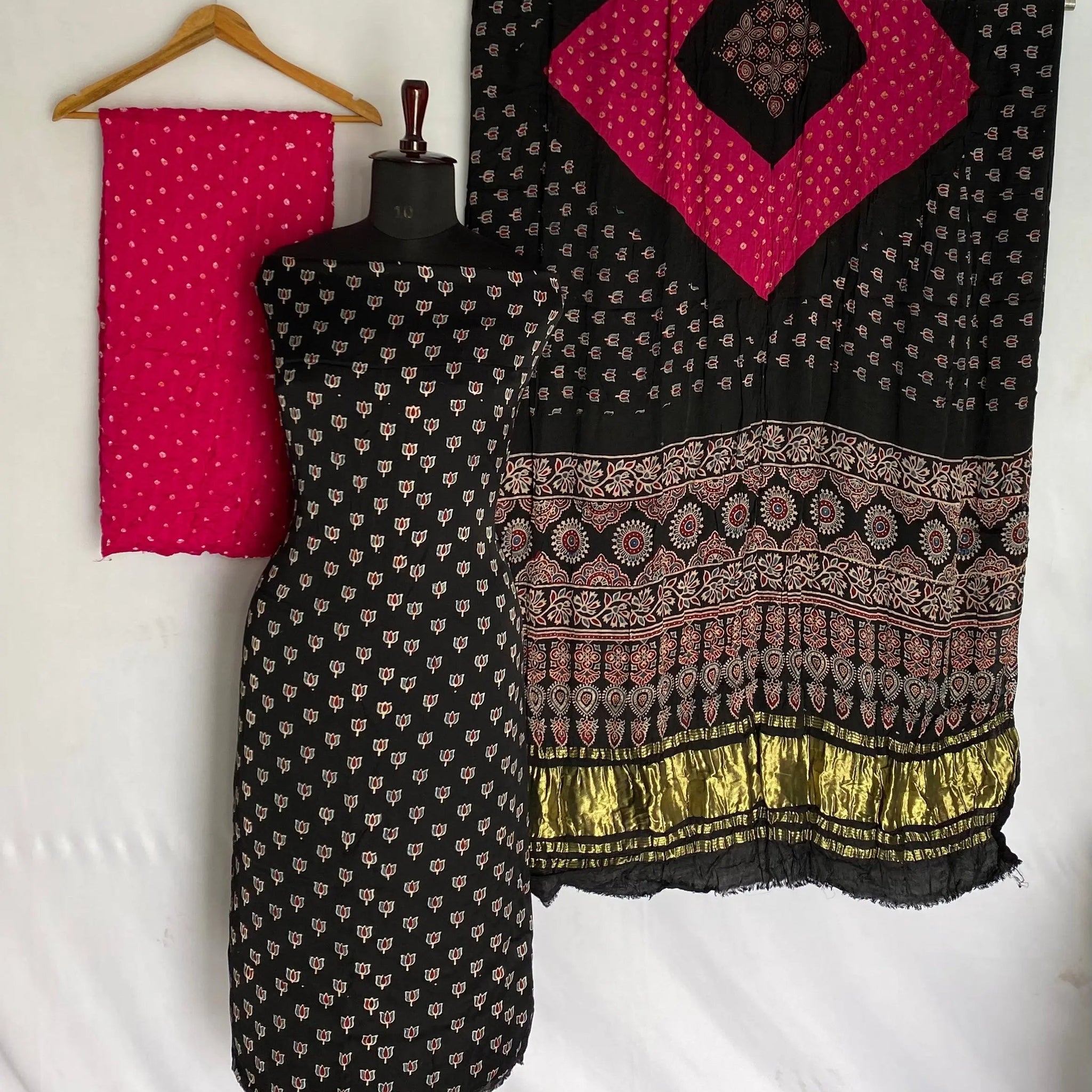Black & Pink Ajarakh Bandhani Modal Silk Suit Material RAKHIYO