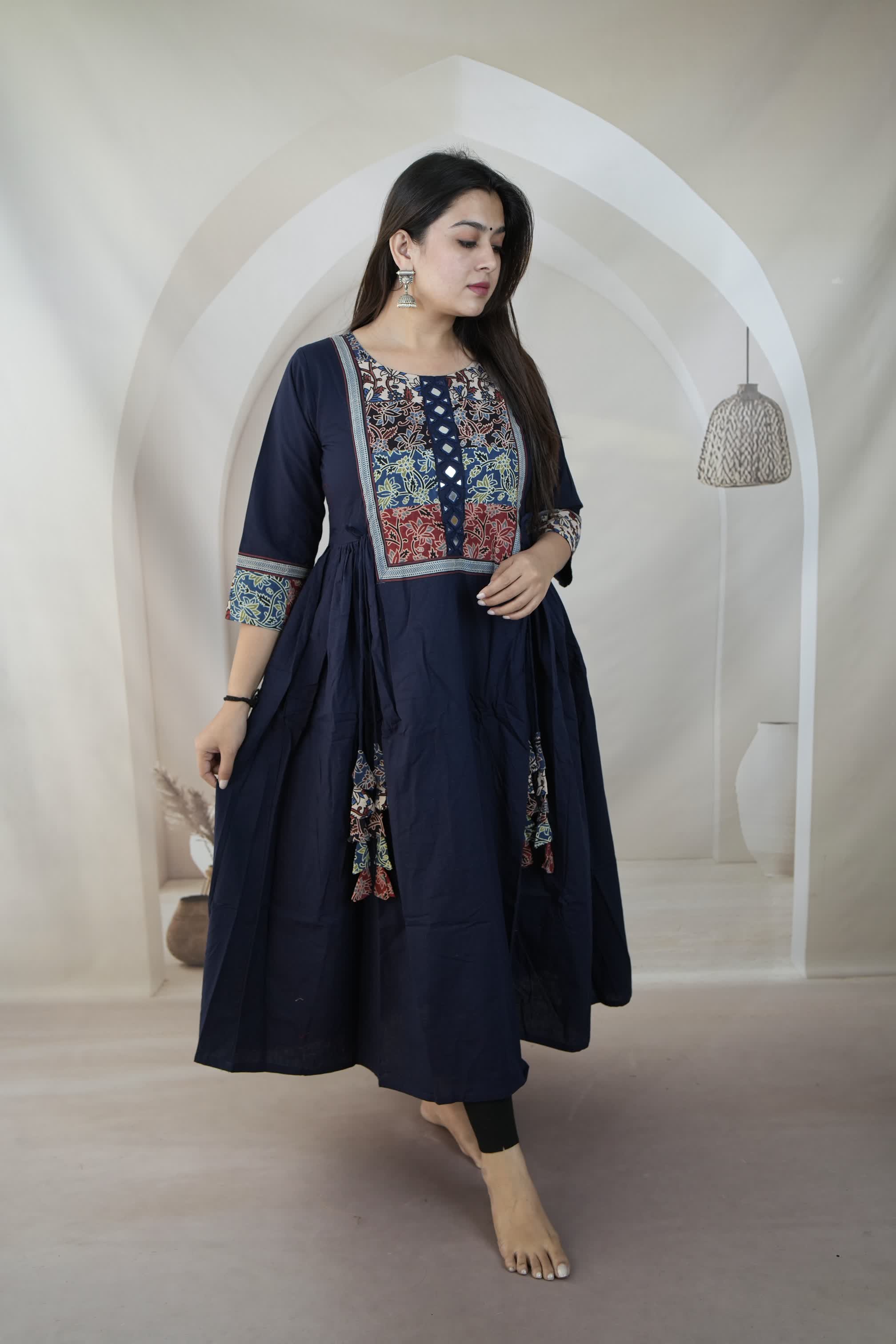 Gauri Navy Blue Ajarakh Patchwork Mirror Cotton Plain One Piece Kurti