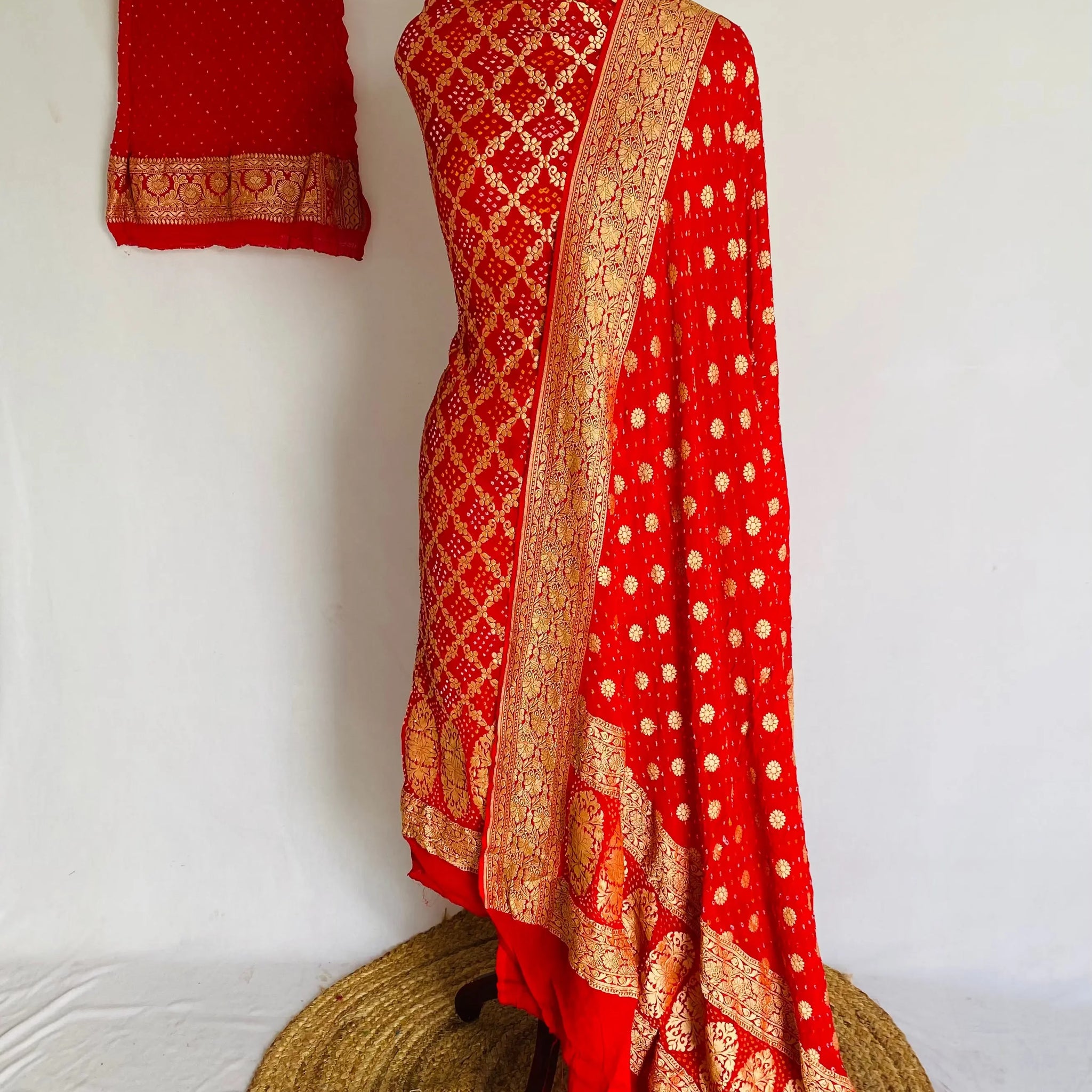 Red Banarasi-Bandhani Pure Georgett Suit Material RAKHIYO