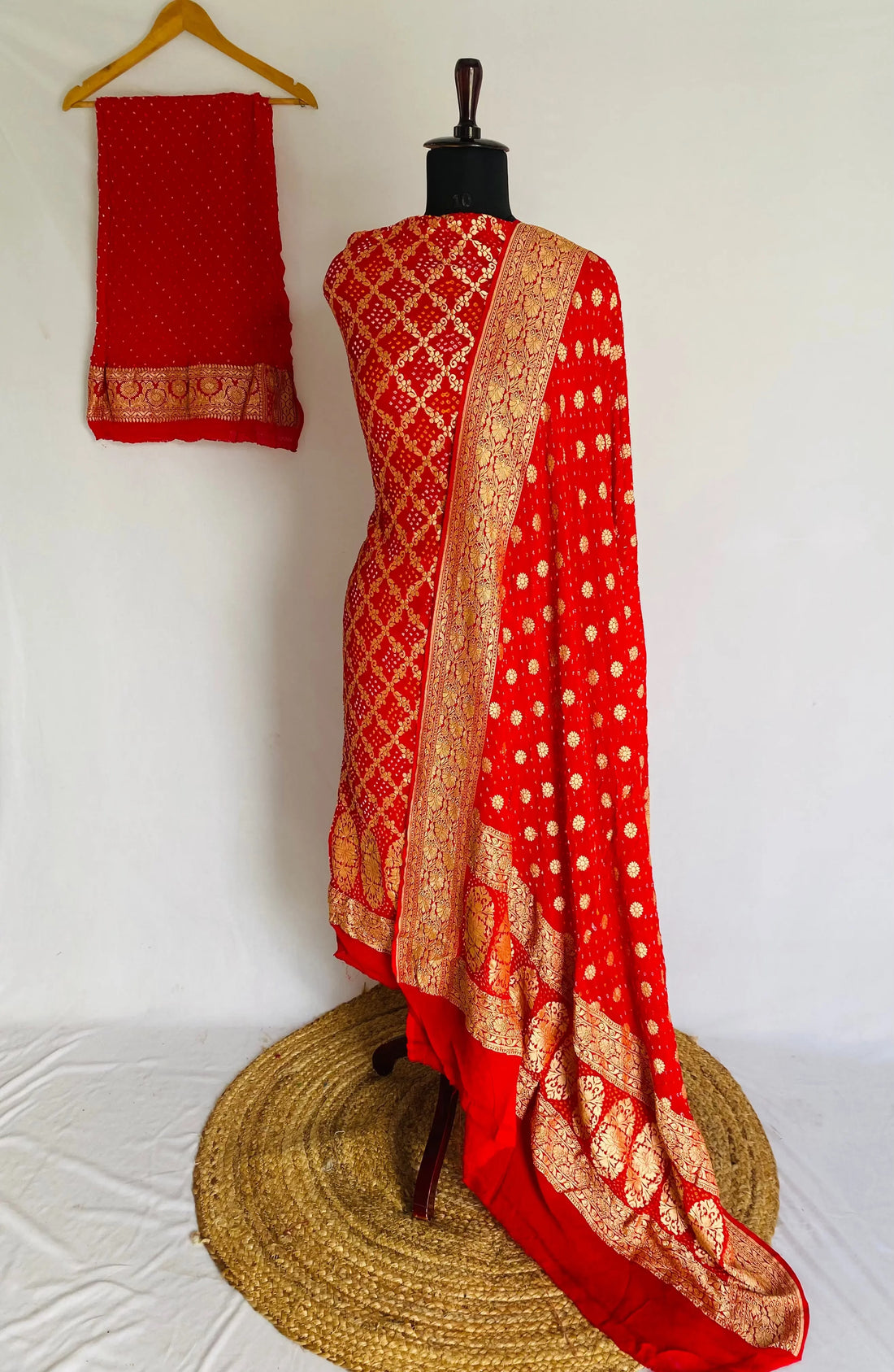 Red Banarasi-Bandhani Pure Georgett Suit Material RAKHIYO
